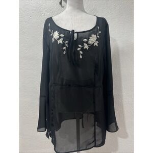 APOSTROPHE Black 100%Sheer Blouse Floral Trim Back  Tie SZ 22  Bell Sleeves Y2K
